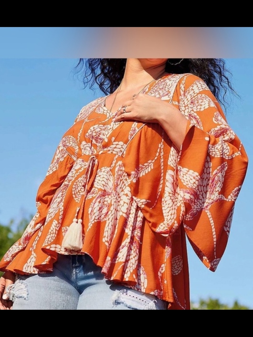 Maurices Orange Floral Tassel Peasant Top